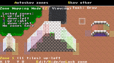The map editor in Zone Mapping Mode, Viewing submode. Each of the four zones on the map is displayed with a different set of stripes. (From Scripts:Stairs)